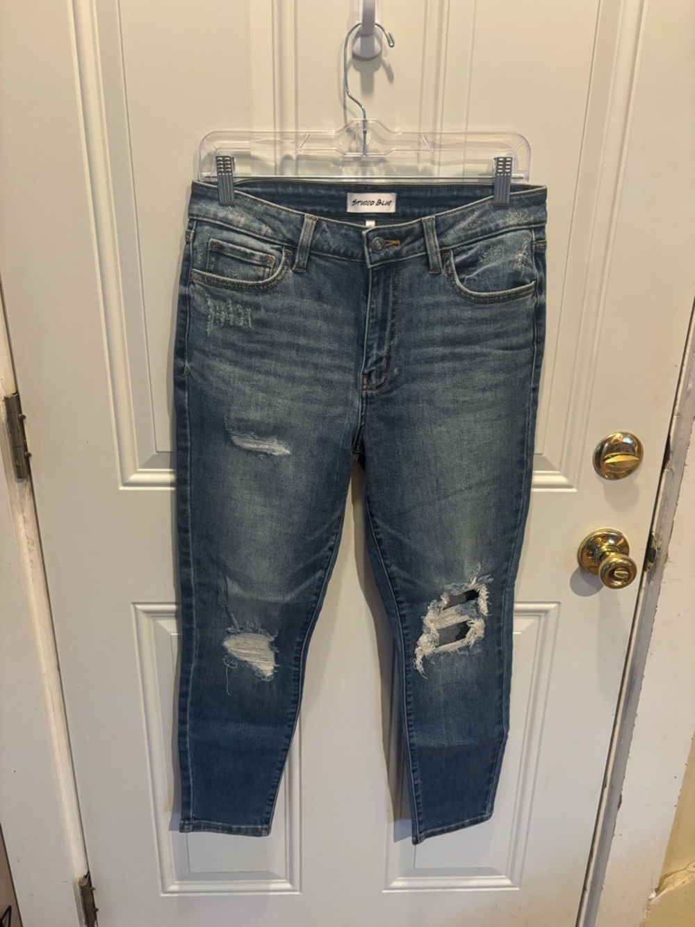Distressed Skinny Jeans in Medium Blue - Studio Blue